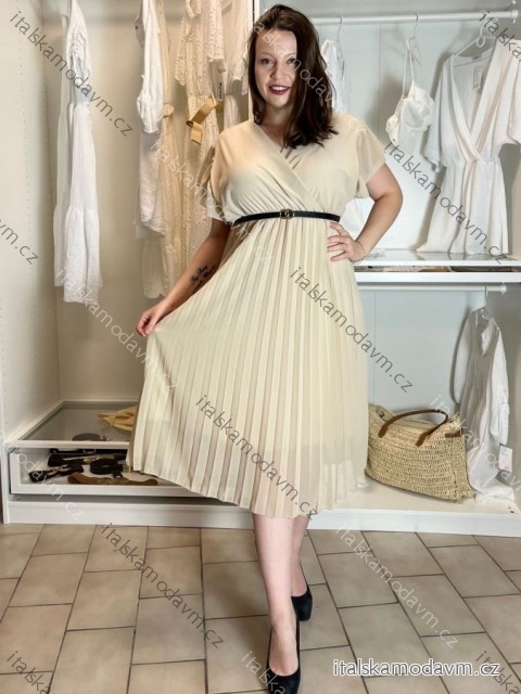 Šaty dlhé letné šifónové elegantné skladané s opaskom krátky rukáv dámske LAJLA  (S/M/L ONE SIZE) TALIANSKA MÓDA IMWHA251214/DUR S/M/L béžová