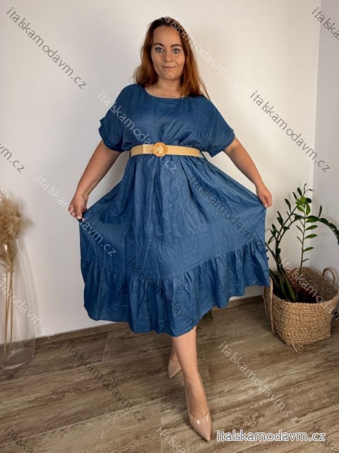 Šaty s páskem letné krátky rukáv dámske nadrozmer EMMA (48/50/52 ONE SIZE) TALIANSKA MÓDA IM42530002/DUR  tmavo modrá