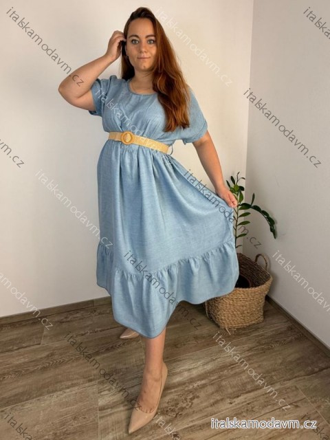 Šaty s páskem letní krátký rukáv dámské nadrozměr EMMA (48/50/52 ONE SIZE) ITALSKÁ MÓDA IM42530002/DUR 48/50/52 světle modrá