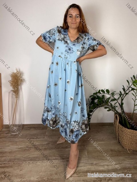 Šaty dlouhé letní 3/4 dlouhý rukáv dámské nadrozměr MARIA (48/50/52 ONE SIZE) ITALSKÁ MÓDA IM425172/DR 48/50/52 světle modrá
