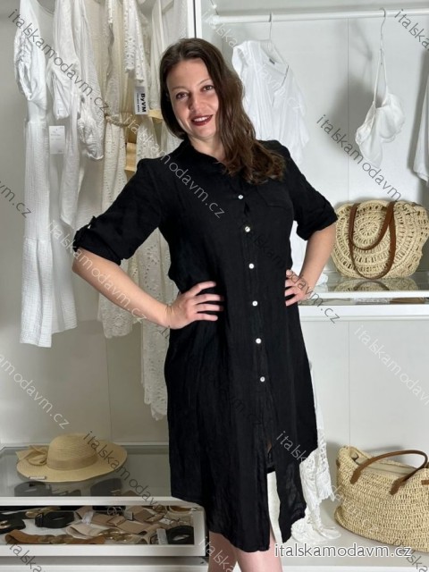 Šaty ľanové košeľové krátky rukáv dámske (S/M/L ONE SIZE) TALIANSKA MODA IM7250001/DU