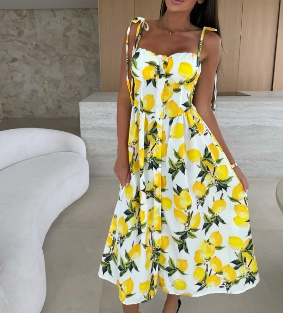 Šaty dlouhé košilové letní citronky lemon na ramínka dámské (S/M/L ONE SIZE) ITALSKÁ MÓDA IMPMD2533631N
