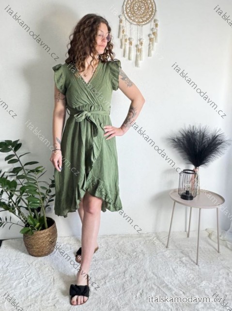 Šaty letní mušelín krátký rukáv dámské RITA (S/M/L ONE SIZE) ITALSKÁ MÓDA IMWB25886/DUR khaki S/M/L