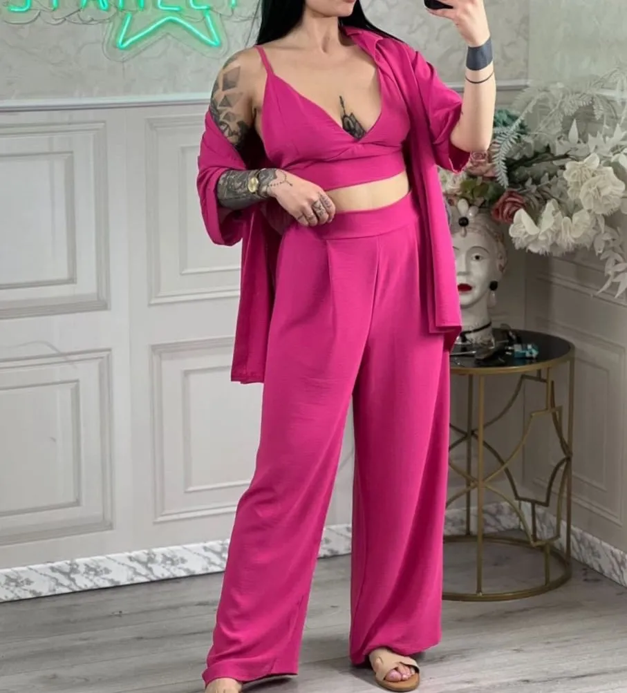 Súprava letný croptop na ramienka, košele a nohavice dlhé dámske (S/M/L ONE SIZE) TALIANSKA MÓDA IMPMD252350j