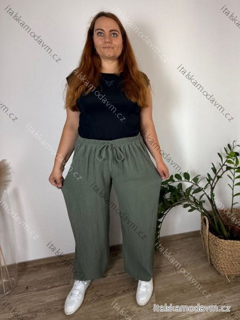 Kalhoty mušelínové letní dámské nadrozměr (46/48/50 ONE SIZE) ITALSKÁ MÓDA IM4250002/DUR -   zelená khaki -   48/50