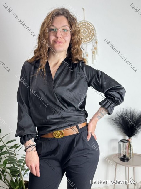 Tunika košeľa saténová dlhý rukáv dámska (S/M ONE SIZE) TALIANSKA MÓDA IMM24M2122/DUR Čierna S/M