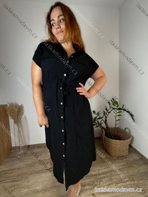 Šaty košeľové letné sťahovací mušelín krátky rukáv dámske nadrozmer GITA (44/46/48ONE SIZE) TALIANSKA MÓDA IM425296/DUR 44/46/48 čierna