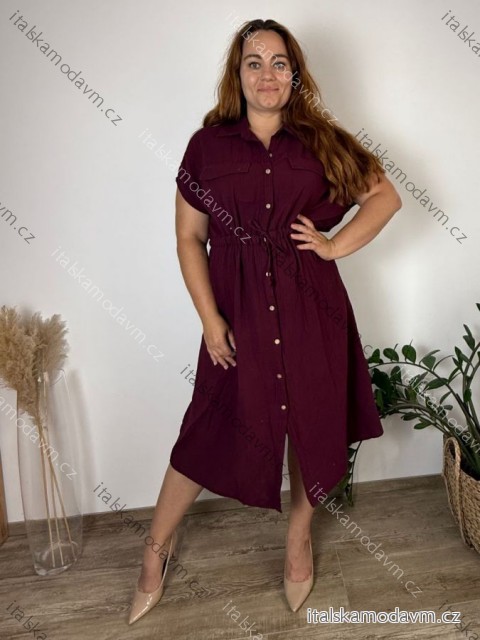 Šaty košeľové letné sťahovací mušelín krátky rukáv dámske nadrozmer GITA (46/48/50 ONE SIZE) TALIANSKA MÓDA IM425296/DUR 46/48/50 vínová