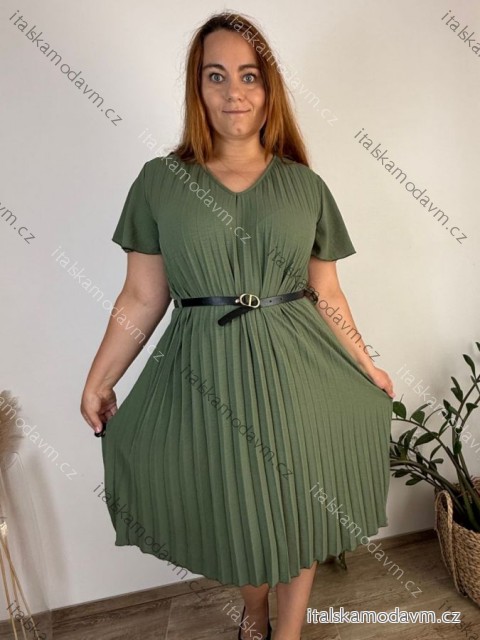 Šaty letné s opaskom krátky rukáv dámske nadrozmer (50/52/54 ONE SIZE) TALIANSKA MÓDA IM425305/DR -   zelená khaki -