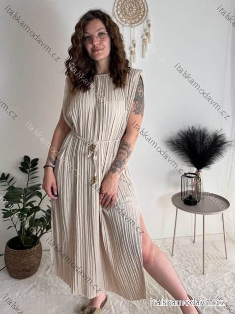 Šaty dlouhé elegantní letní bez rukávu dámské nadrozměr BLANCA (52/54/56 ONE SIZE) ITALSKÁ MÓDA IMC25293/DU smetanová béžová 52/54/56