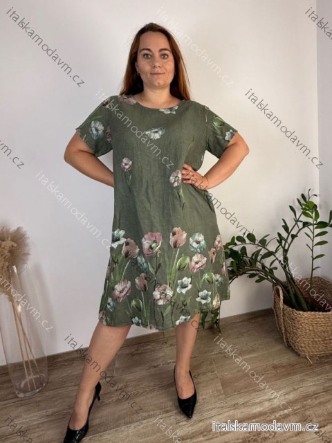 Šaty lněné krátký rukáv dámské nadrozměr (42/44/46 ONE SIZE) ITALSKÁ MODA IM7250002/DU -   Hnědá -   44/46