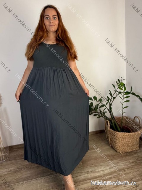 Šaty dlhé voľnočasové krátky rukáv dámske nadrozmer (42/44/46 ONE SIZE) TALIANSKA MÓDA IMD2525370/DUR -   šedá tmavá -