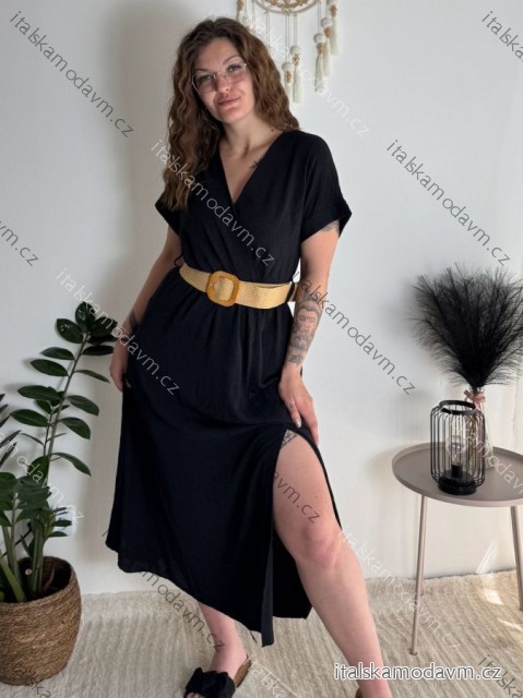 Šaty letné košeľové s opaskom krátky rukáv dámske (S/M/L ONE SIZE) TALIANSKA MóDA IM424486/DR