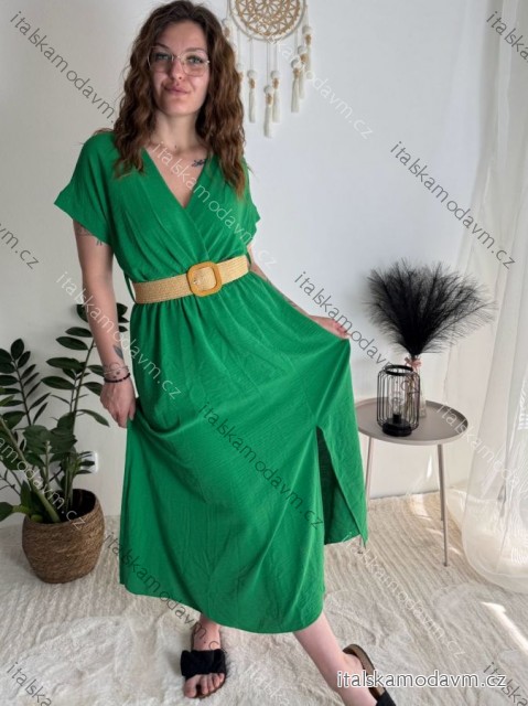 Šaty letní košilové s páskem krátký rukáv dámské (S/M/L ONE SIZE) ITALSKá MóDA IM424486/DR zelená S/M/L