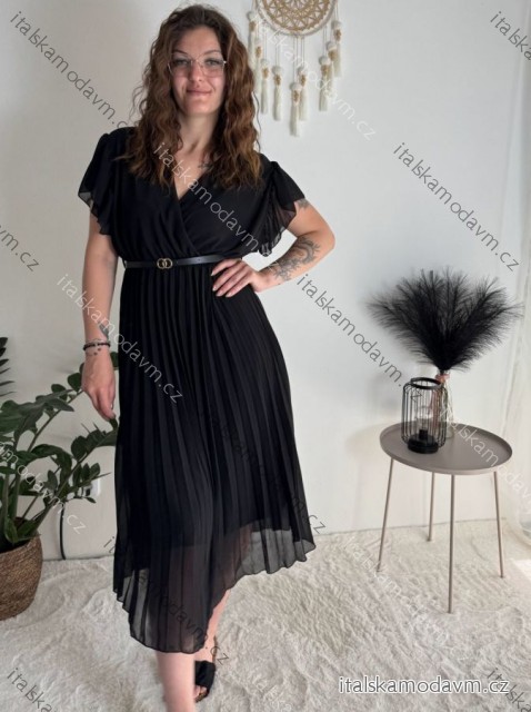 Šaty dlhé letné šifónové elegantné skladané s opaskom krátky rukáv dámske LAJLA  (S/M/L ONE SIZE) TALIANSKA MÓDA IMWHA251214/DUR černá S/M/L