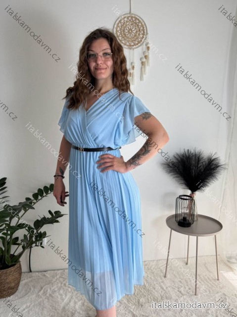Šaty dlouhé letní šifonové elegantní skládané s páskem krátký rukáv dámské LAJLA (S/M/LONE SIZE) ITALSKÁ MÓDA IMWHA251214/DUR světle modrá S/M/L