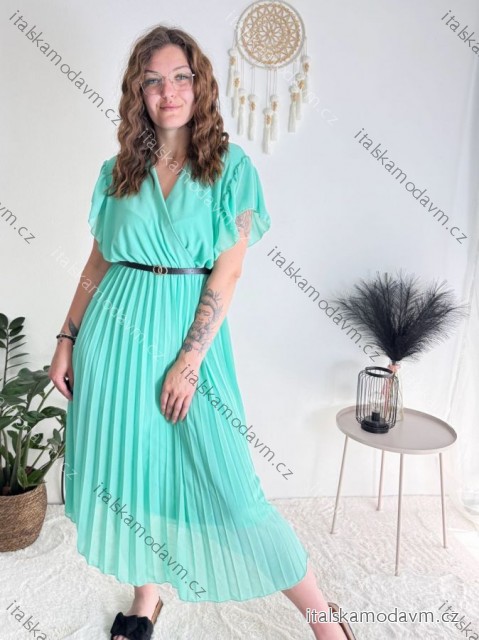 Šaty dlouhé letní šifonové elegantní skládané s páskem krátký rukáv dámské LAJLA (S/M/LONE SIZE) ITALSKÁ MÓDA IMWHA251214/DUR mintová S/M/L