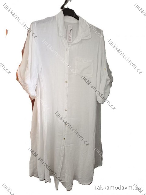 Šaty košeľové ľanové 3/4 dlhý rukáv dámske (S/M/L ONE SIZE) TALIANSKA MODA IM725157/DU - zelená khaki - S/M/L
