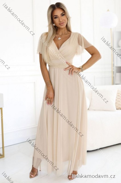 562-6 NASTIA Dlhé šaty s výstrihom a krátkymi rukávmi - béžové