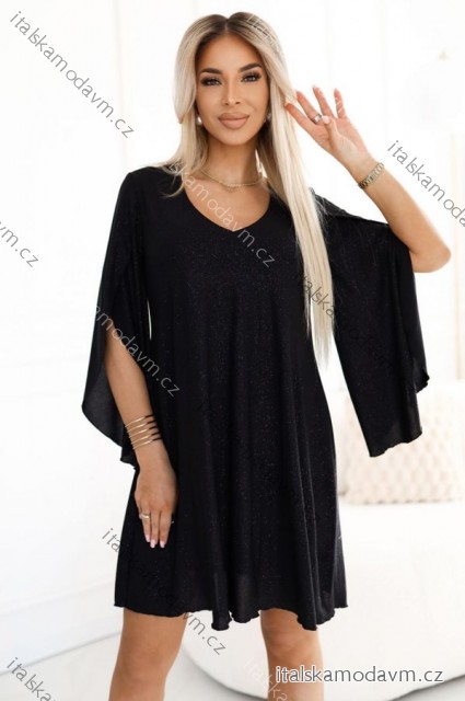 597-1 LIVIA Elegantné trapézové šaty s motýlími rukávmi - čierne s trblietkami