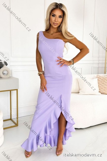 317-6 Dlhé levanduľové šaty s volánikmi a asymetrickým výstrihom