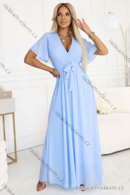 545-2 Dlhé šaty s plisovaným výstrihom a zaväzovaním - svetlomodré