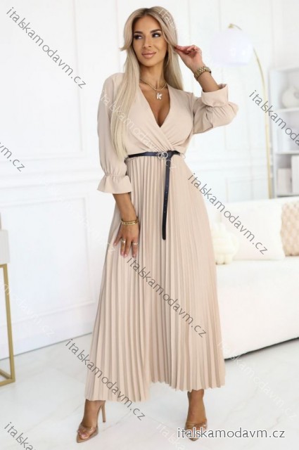 462-5 SERENA Plisované maxi šaty s výstrihom, opaskom a 3/4 rukávmi - TMAVO BÉŽOVÁ