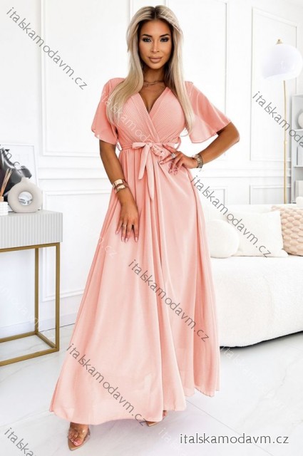 545-4 Dlhé šaty s plisovaným výstrihom a zaväzovaním - broskyňová farba