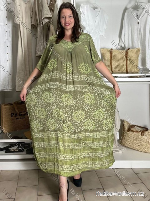 Šaty volnočasové letní krátký rukáv dámské nadrozměr LAJLA (54/56/58 ONE SIZE) INDICKÁ MÓDA PME25N-5611-D/DR 54/56/58 zelená khaki
