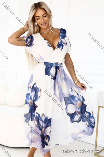 601-1 Vzdušné zavinovacie midi šaty s veľkým kvetinovým vzorom v odtieňoch modrej