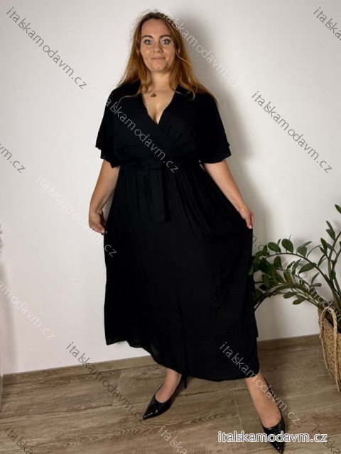 Šaty dlhé letné krátky rukáv dámske nadrozmer (52/54/56 ONE SIZE) TALIANSKA MÓDA IM425487/DU  čierna