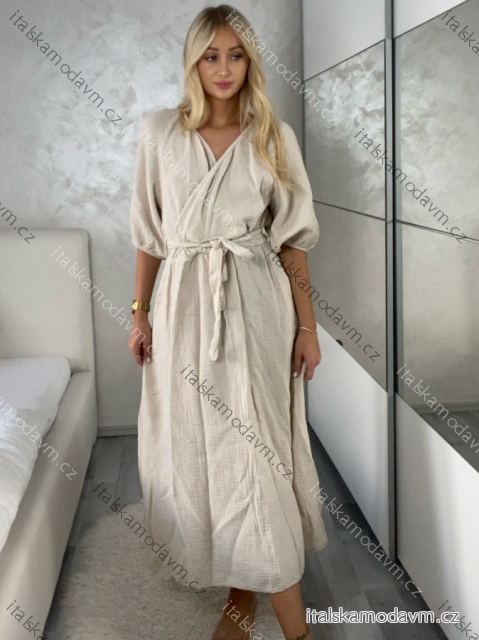 Šaty letné s opaskom mušelínové krátky rukáv dámske HANNAH  (M/L/XL ONE SIZE) TALIANSKA MÓDA IMD24242/DR