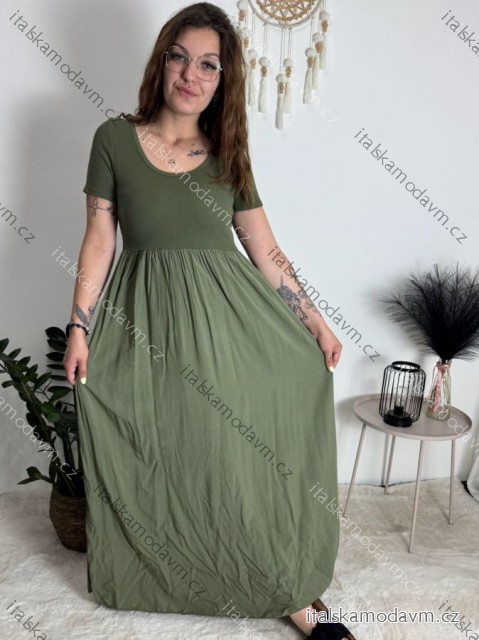 Šaty dlouhé letní žebrované krátký rukáv dámské Maria-M (XS/S/M/L ONE SIZE) ITALSKÁ MÓDA IMSM25128/DUR khaki S/M/L