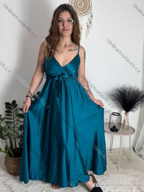 Šaty dlhé letné saténové s opaskom na ramienka dámske (S/M ONE SIZE) TALIANSKA MÓDA IMM22INFINITE petrolejová