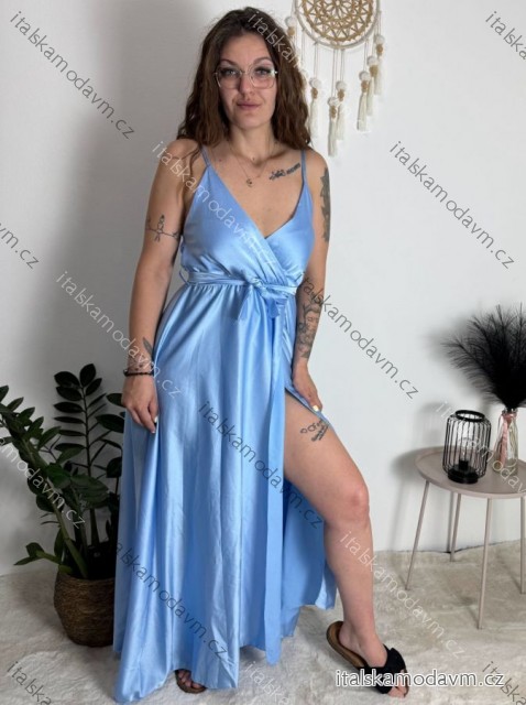 Šaty dlouhé letní saténové s páskem na ramínka dámské  (S/M ONE SIZE) ITALSKÁ MÓDA IMM22INFINITE/DUR svetlo modrá