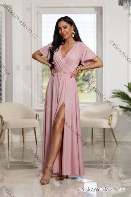 Šaty dlhé spoločenské brokátové trblietavé krátky rukáv dámske (S - 2XL) POLSKÁ MÓDA PMLEL24BELLA13/DU