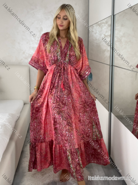 Šaty dlhé letný dlhý rukáv dámske LAJLA (S/M/L ONE SIZE) INDICKÁ MÓDA IMWKA25HE309G-1/DU