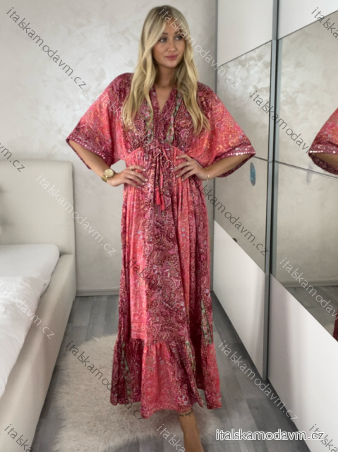 Šaty dlhé letný dlhý rukáv dámske LAJLA (S/M/L ONE SIZE) INDICKÁ MÓDA IMWKA25HE309G-1/DUR S/M/L ružová