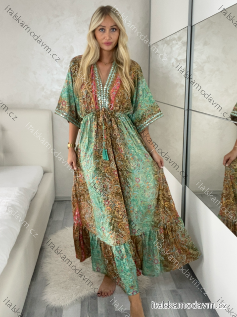 Šaty dlhé letný dlhý rukáv dámske LAJLA (S/M/L ONE SIZE) INDICKÁ MÓDA IMWKA25HE309G-2/DU