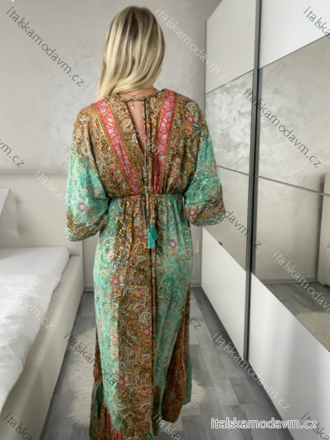 Šaty dlhé letný dlhý rukáv dámske LAJLA (S/M/L ONE SIZE) INDICKÁ MÓDA IMWKA25HE309G-2/DUR S/M/L zelená
