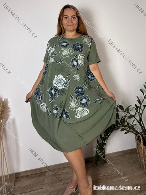 Šaty voľnočasové letné oválne krátky rukáv dámske nadrozmer INGRID (52/54/56 ONE SIZE) TALIANSKA MÓDA IM425465/DU  zelená khaki
