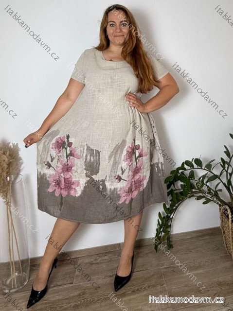 Šaty letné krátky rukáv dámske nadrozmer FLOO (48/50/52 ONE SIZE) TALIANSKA MÓDA IM425421/DU  béžová