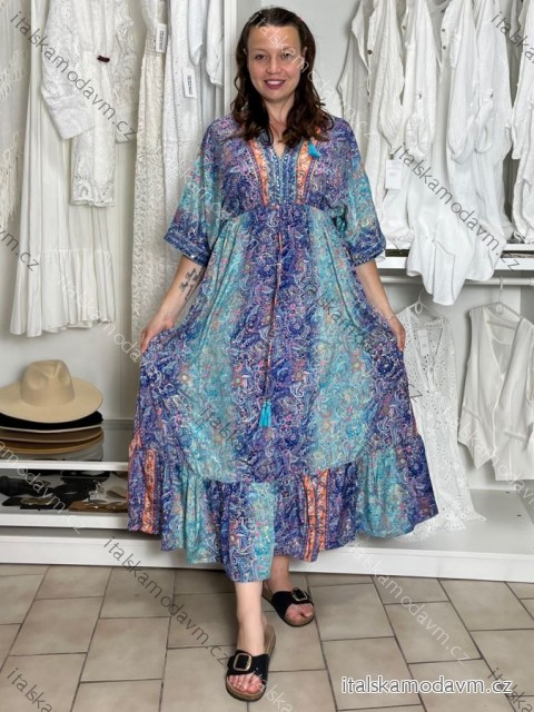 Šaty dlhé letný dlhý rukáv dámske LAJLÁ (S/M/L ONE SIZE) INDICKÁ MÓDA IMWKA25HE309G-5/DU S/M/L modrá