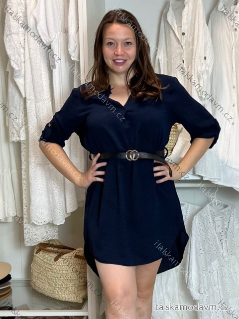 Tunika predĺžená košeľová s opaskom dlhý rukáv dámska nadrozmer (2XL/3XL ONE SIZE) TALIANSKA MÓDA IMD212156/DUR tm. modrá  2XL/3XL