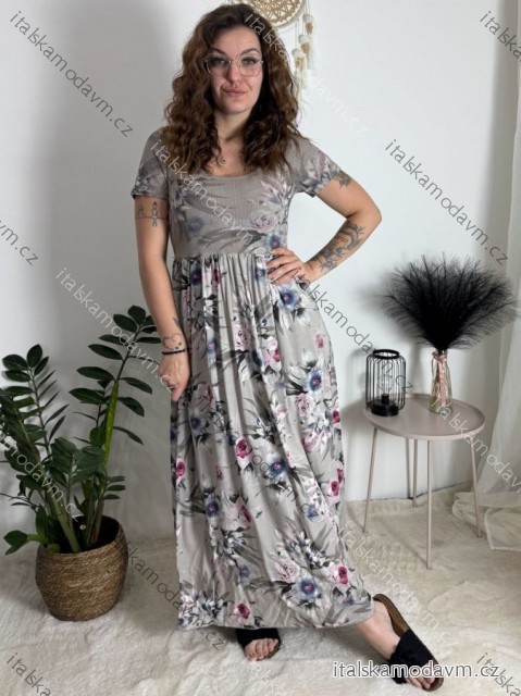 Šaty letné krátky rukáv dámske FLORA (S/M/L ONE SIZE) TALIANSKA MÓDA IMSM25019-1/DUR hnedá S/M/L