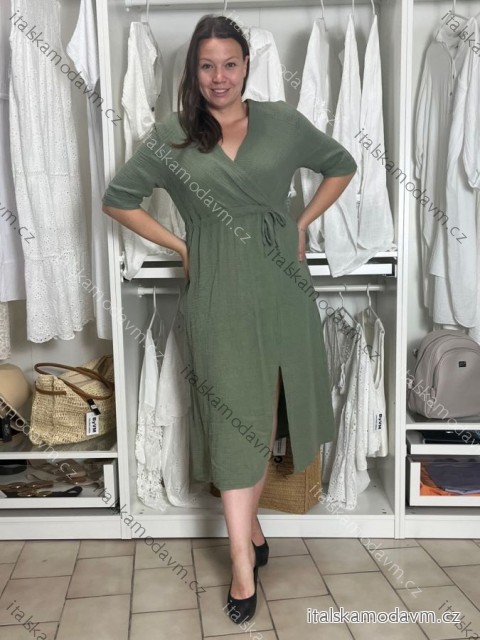 Šaty letní mušelínové krátký rukáv dámské JANET (S/M/L ONE SIZE) ITALSKÁ MÓDA IMWGS232579/DU M/L zelená khaki