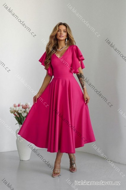 Šaty elegantní krátký rukáv dámské nadrozměr (34-48) POLSKÁ MÓDA PMLWD24LORA-13 růžová fuchsiová 42