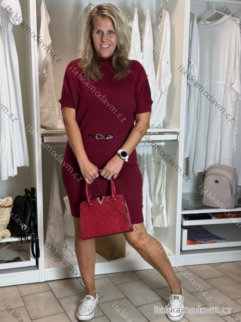 Šaty úpletové s opaskom krátky rukáv dámske nadrozmer DITA (M/L/XL ONE SIZE) TALIANSKA MÓDA IM425555/DR M/L/XL vínová