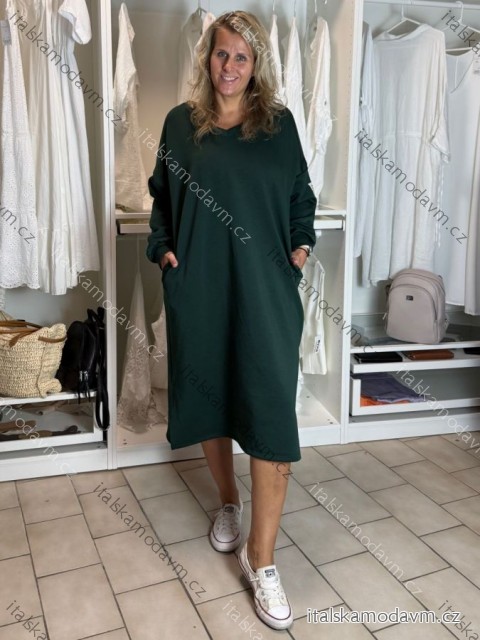 Šaty mikinové dlhý rukáv dámske nadrozmer ANNA  (54/56/58 ONE SIZE) TALIANSKA MÓDA IM425534/DR 54/56/58 tmavo smaragdová