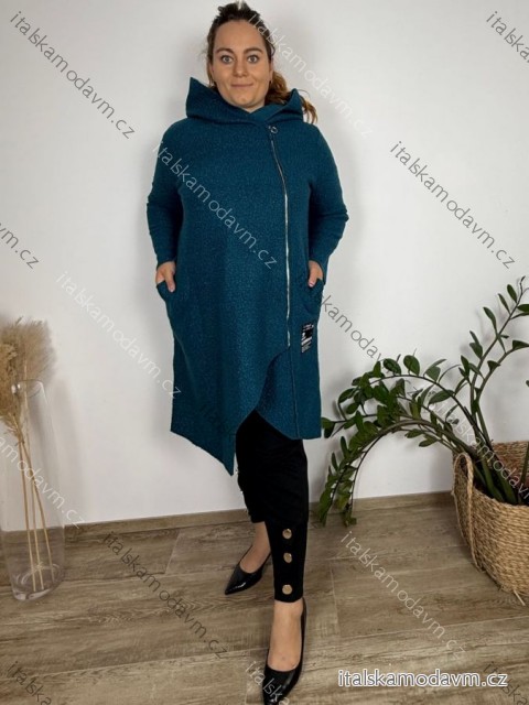 Kabát flaušový beránkový s kapucí na zip dlouhý rukáv dámský nadrozměr (50/52/54 ONE SIZE) ITALSKÁ MÓDA IM425500
